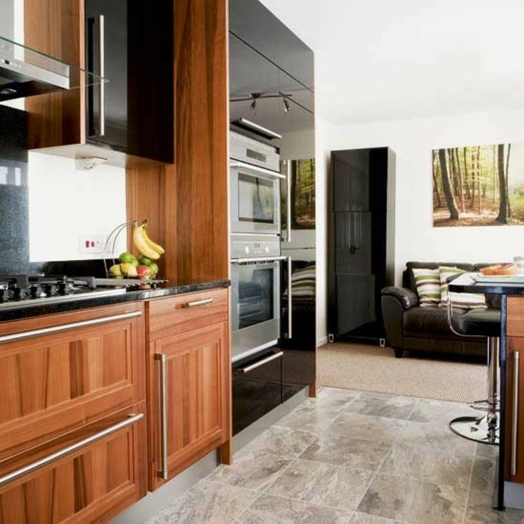 black contemporary kitchen layout wood