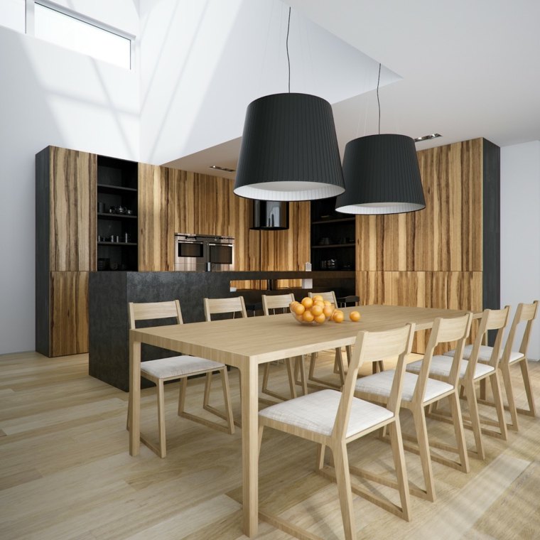 black kitchen and wood design wood island central wood table modern chair
