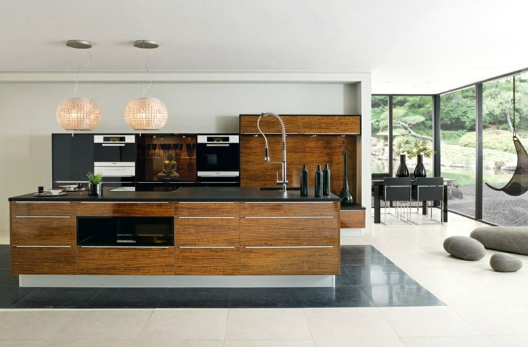 black kitchen and wood landscaping