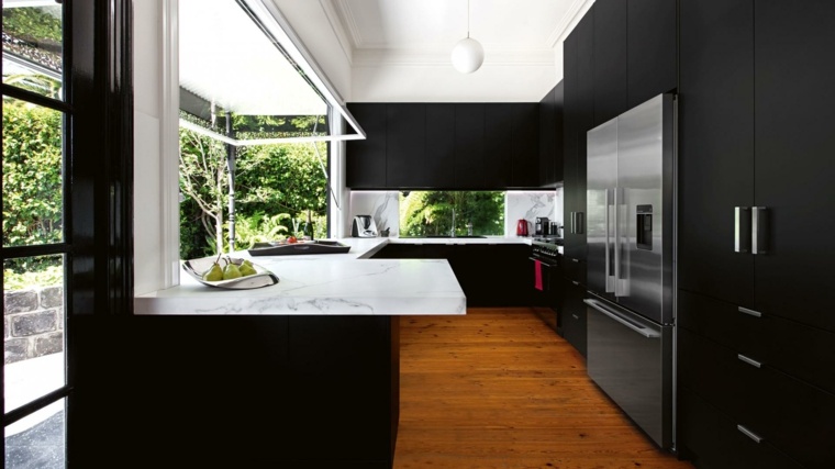 kitchen black marble design island parquet wood furniture idea