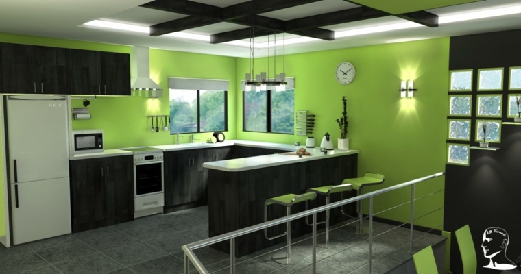 green kitchen design central island idea light fixture hanging wall green tile gray