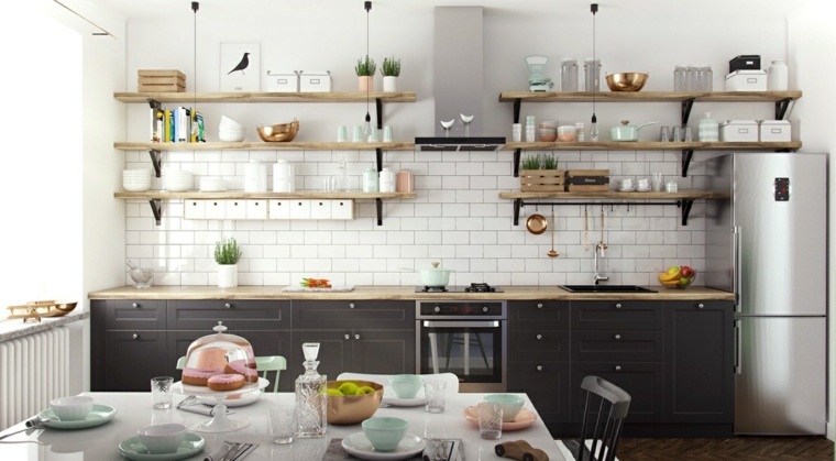 Nordic kitchen shelves storage visible