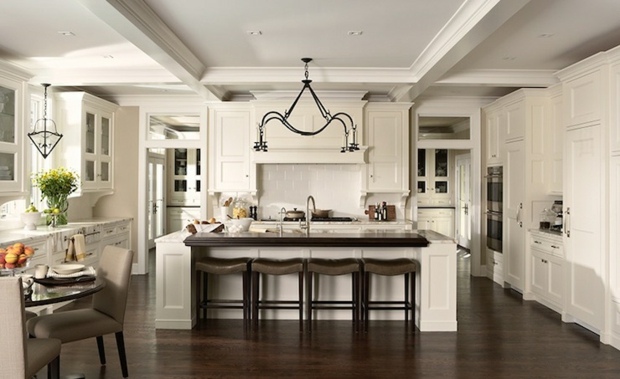 open space kitchen decked out retro chandeliers