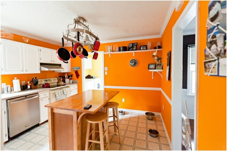 idea color kitchen orange island central wood stool tiling floor