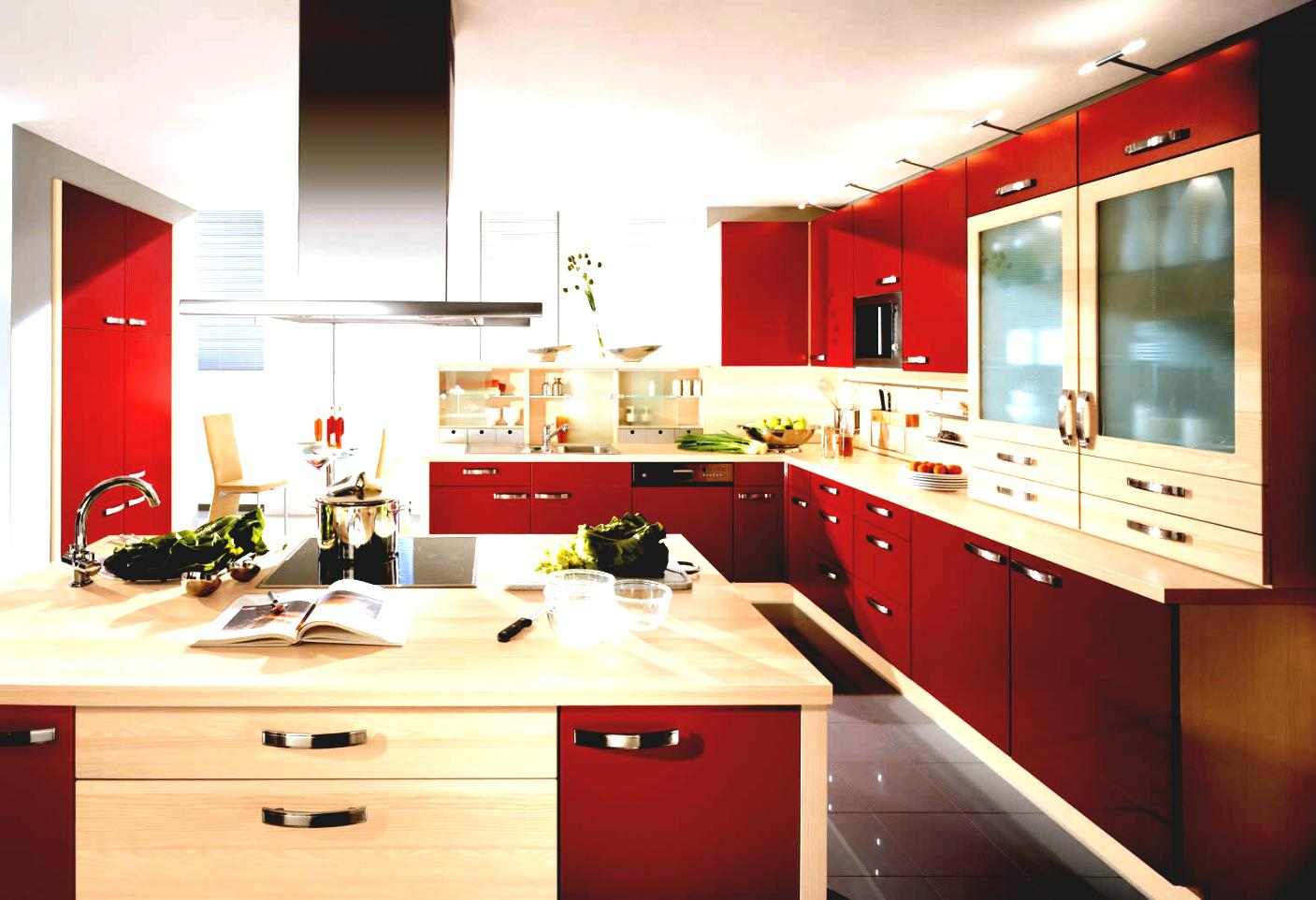 open kitchen red white island design wood