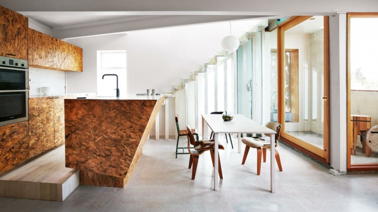 design open kitchen idea island wood dining room floor concrete waxed
