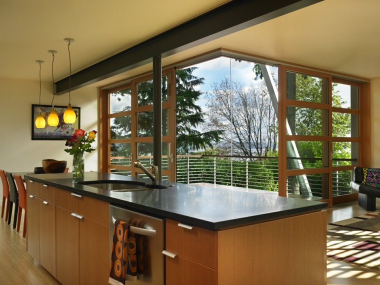 kitchen interior modern design idea island central black wood fixture hanging modern design flowers bouquet