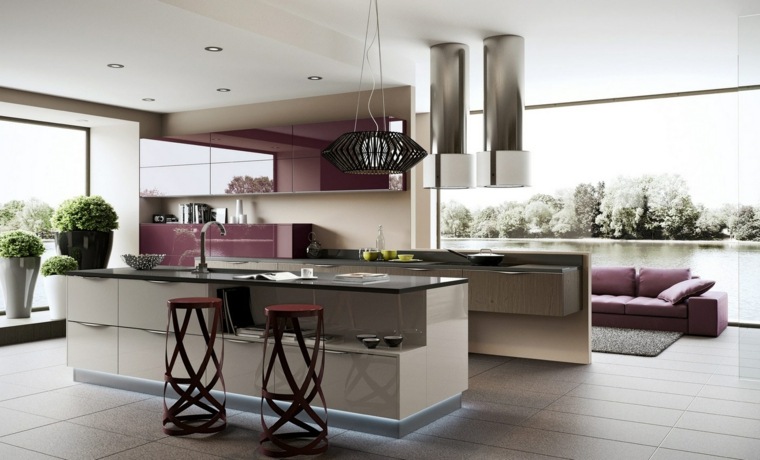 kitchen open to living room purple gray light fixture hanging stools kitchen island