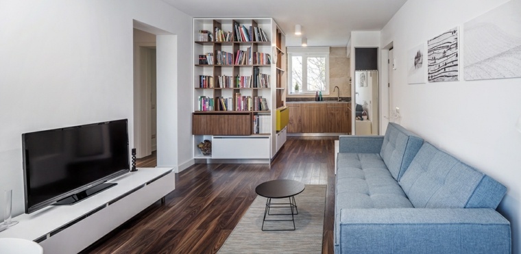 open kitchen design idea furniture wood sofa blue shelves