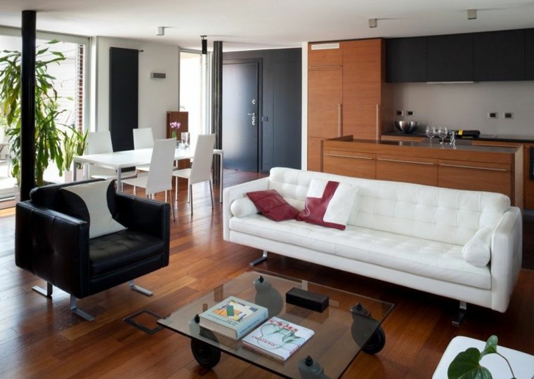 open black wood kitchens on living room