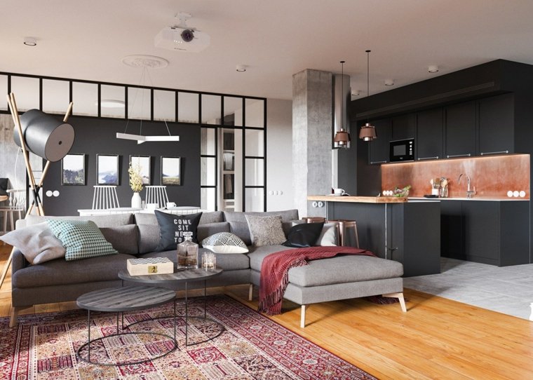 open kitchen on living room backsplash copper design sofa'angle salon