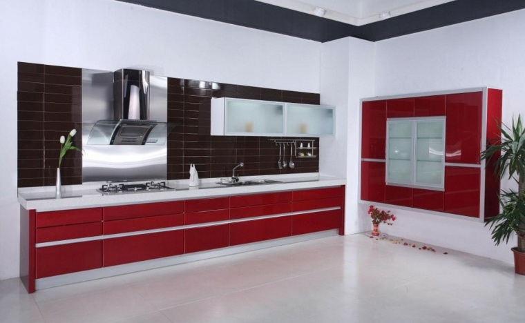 tile kitchen white red black hood suction deco idea