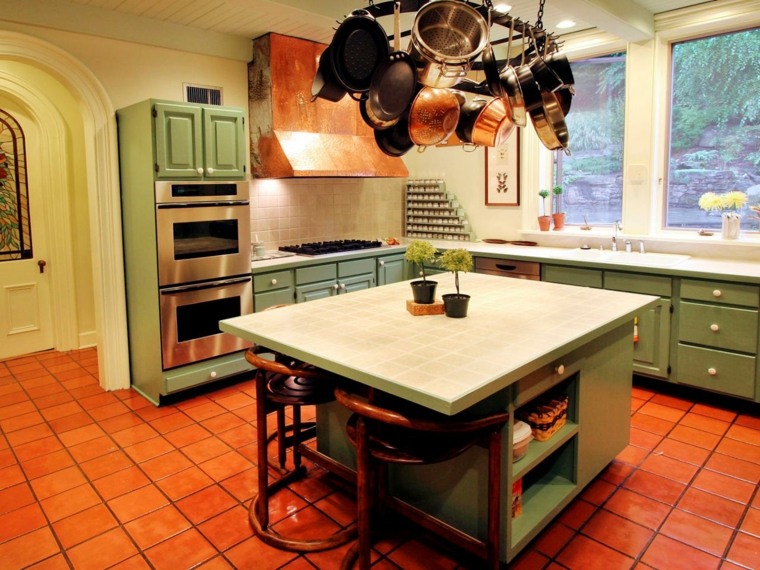 green kitchen design islet central deco idea tile floor design furniture wood color kitchen