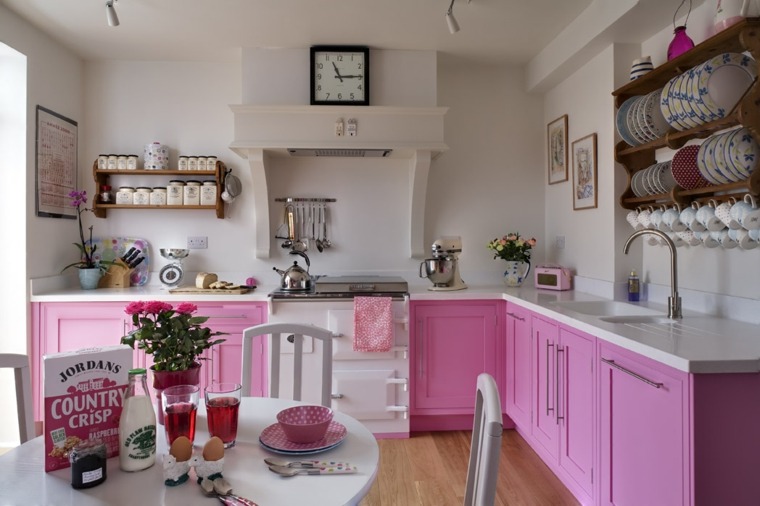 kitchen pink sweet idea layout white table chair floral wall decor