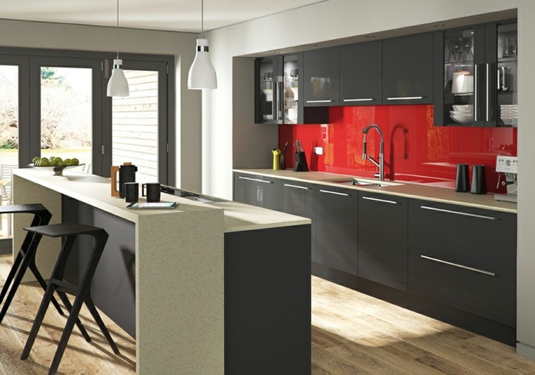 arrangement kjøkken moderne rødgrå hengende lampe design avføring svart