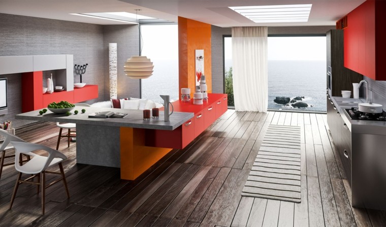 kjøkken interiør moderne oransje rød øy parkett tre