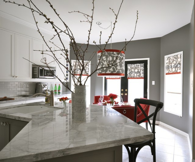 modern kitchen gray red wooden chair lighting fixture decorative design