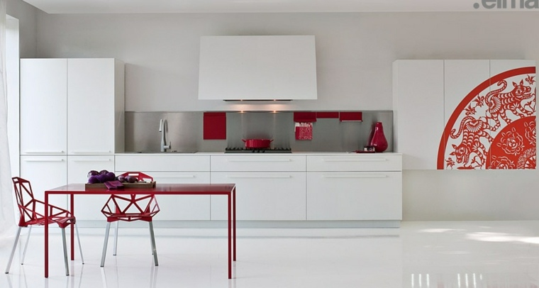 arrangement kjøkken ide moderne stol spisebord rød deco