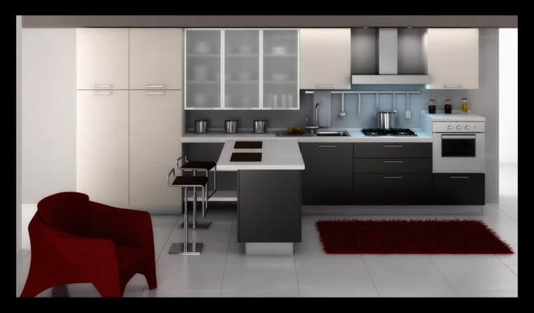 kjøkken interiør moderne design røde sofa gulvmatter kjøleskap hvite møbler