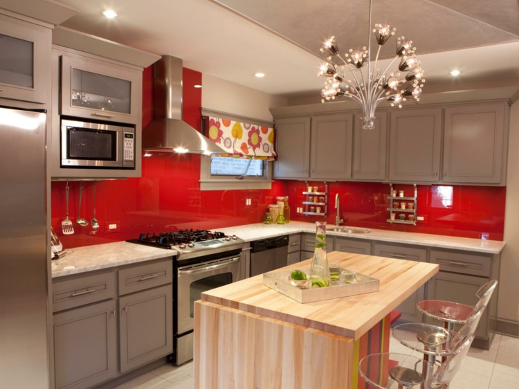 red kitchen gray central island