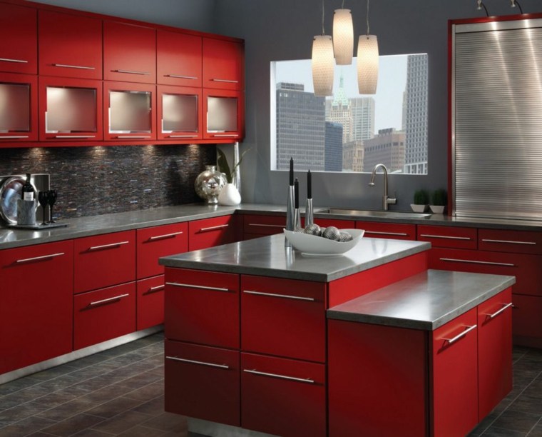 bilde rød og grå kjøkkenmøbler ideer
