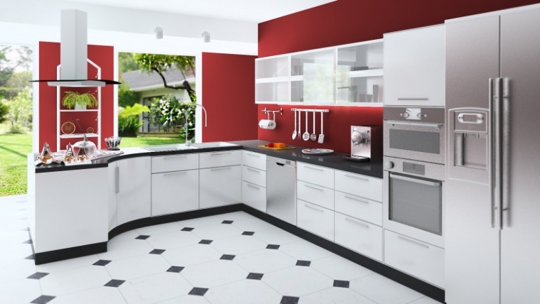 grått kjøkken og rød moderne interiørdesign