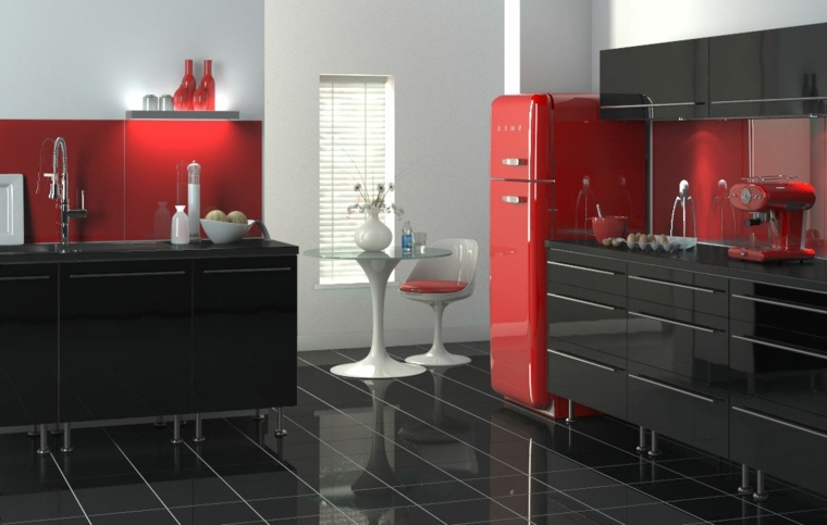 interiør kjøkken ide moderne øy sentral fliser kjøkken svart kjøleskap rødt