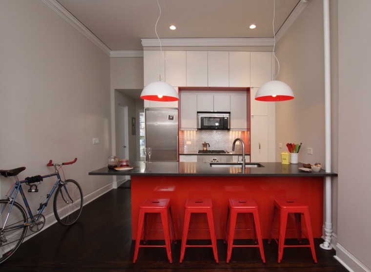 small red kitchen layout bar