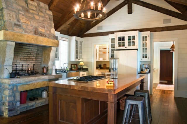 rustic kitchen integrated fireplace