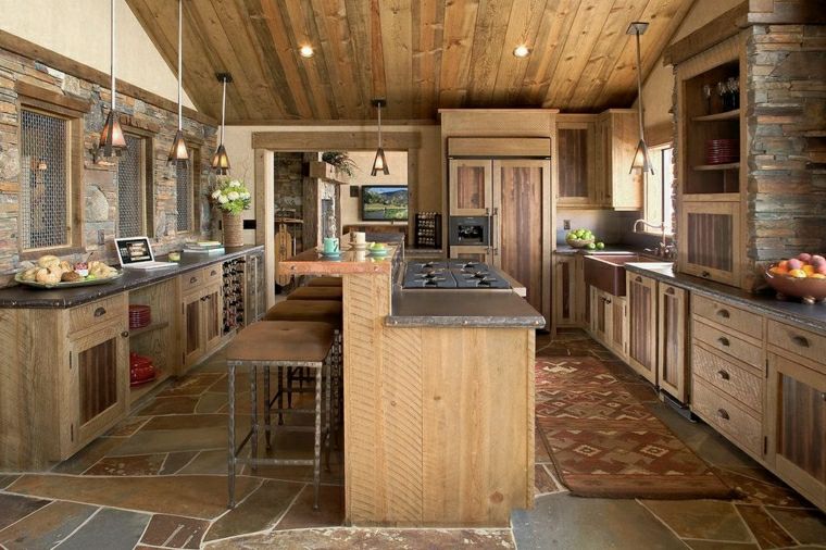 rustic kitchen design deco wood wall stone