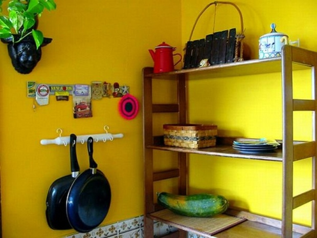 rustic kitchen yellow wall black accents