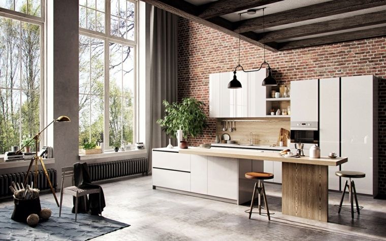 Scandinavian kitchen design wall bricks large windows