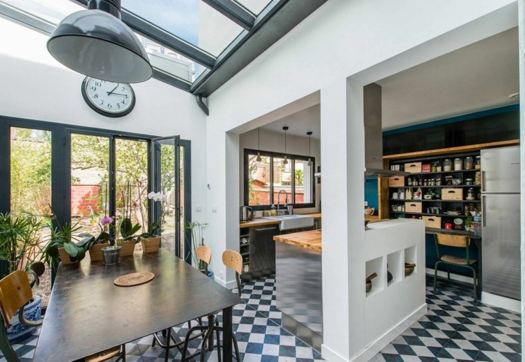 bistro style kitchen tile floor black and white