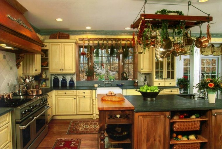 country style kitchen with huge cooking island for ease