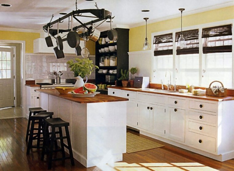 white kitchen decor and wood bar