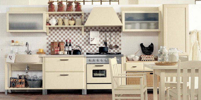 Italian country style kitchen small beige tiles