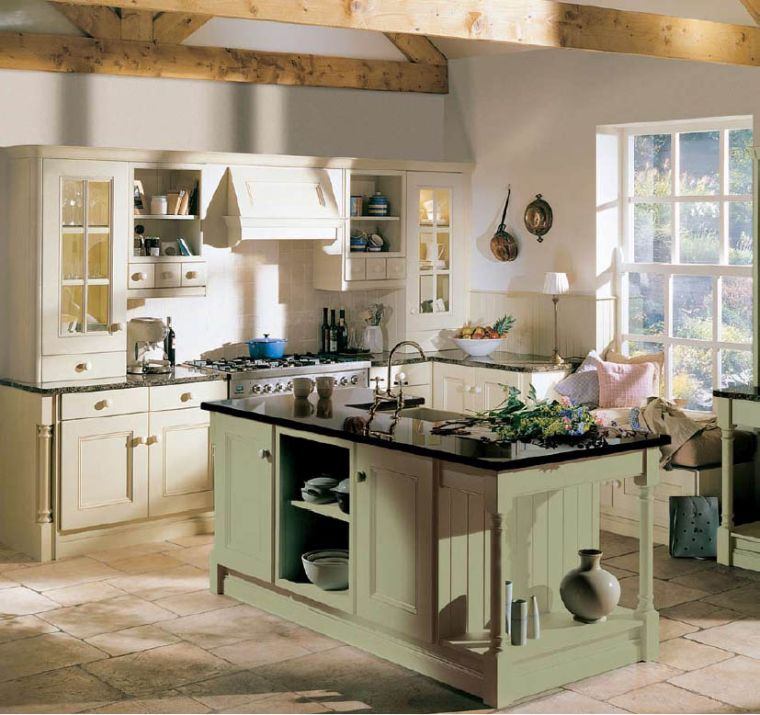 English cottage kitchen decoration idea central green island