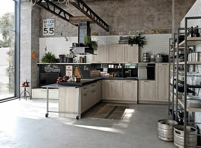 kjøkken i industriell stil sentral øya tregulvmatter arrangement kjøkkenhylle