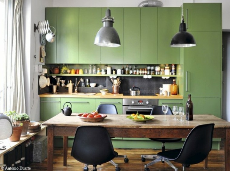 kitchen design industrial style fixture hanging wood table chair black furniture kitchen wood green