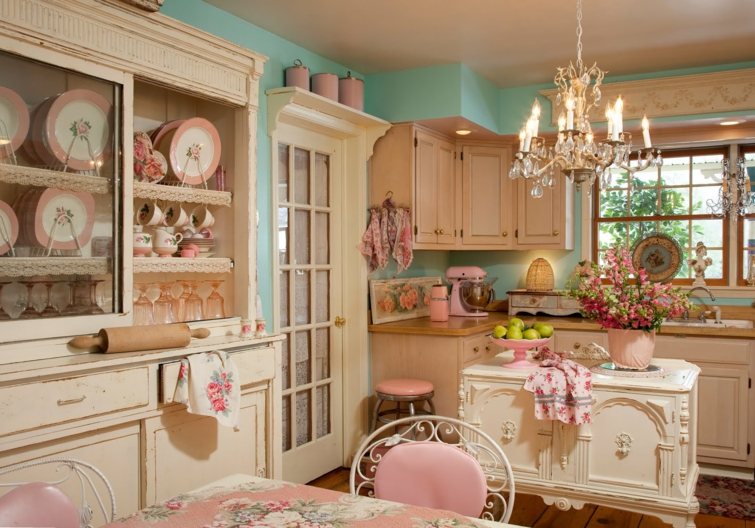 shabby chic style kitchen white pink