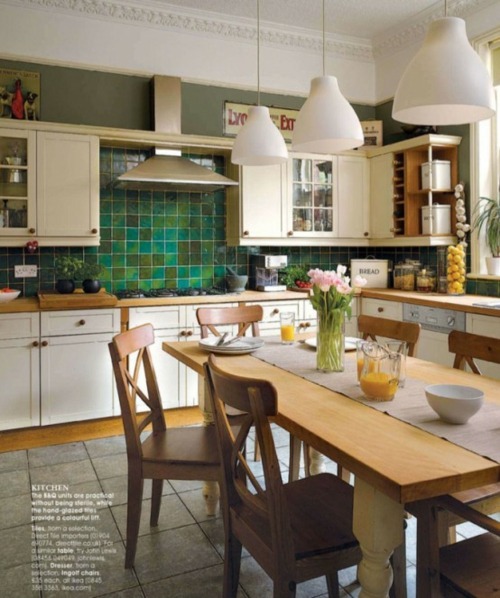 kitchen table wood color green backsplash