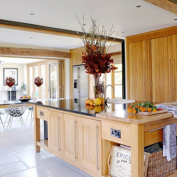 all-wood kitchen white floor tile