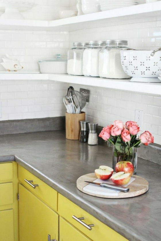 kitchen work beton gray polished smooth closet yellow apple pink