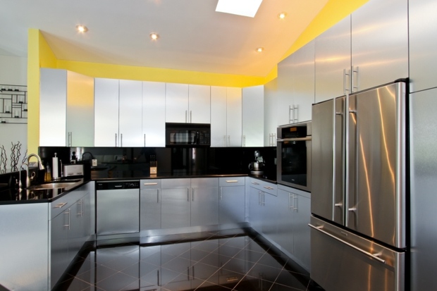 ultra-modern kitchen gray yellow wall