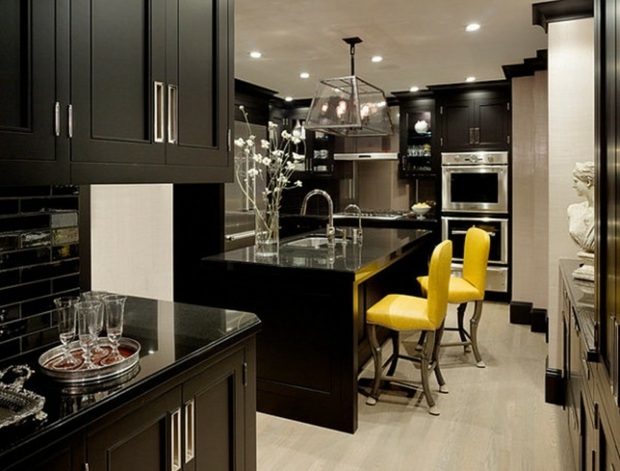 ultra trendy black kitchen accents yellow chairs