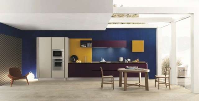 blue yellow purple kitchen