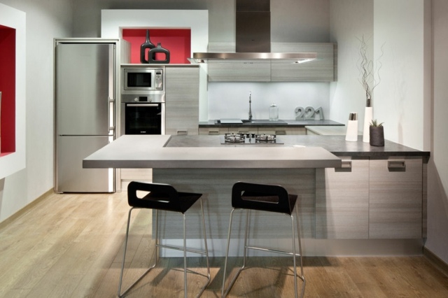 modern kitchen with an extractor hood stool black hobs