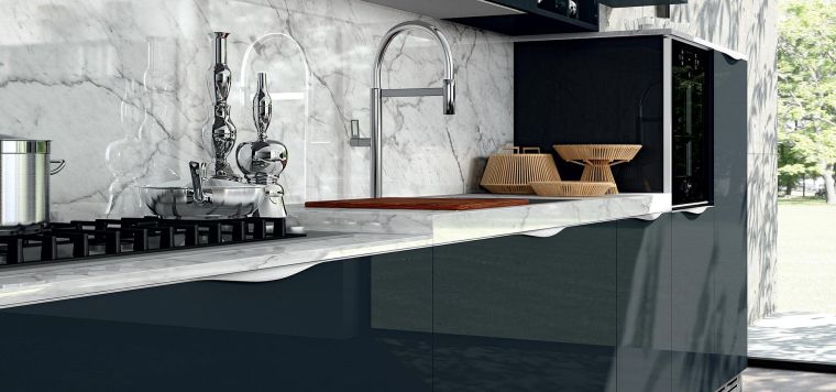 black kitchen lacquered white marble worktop