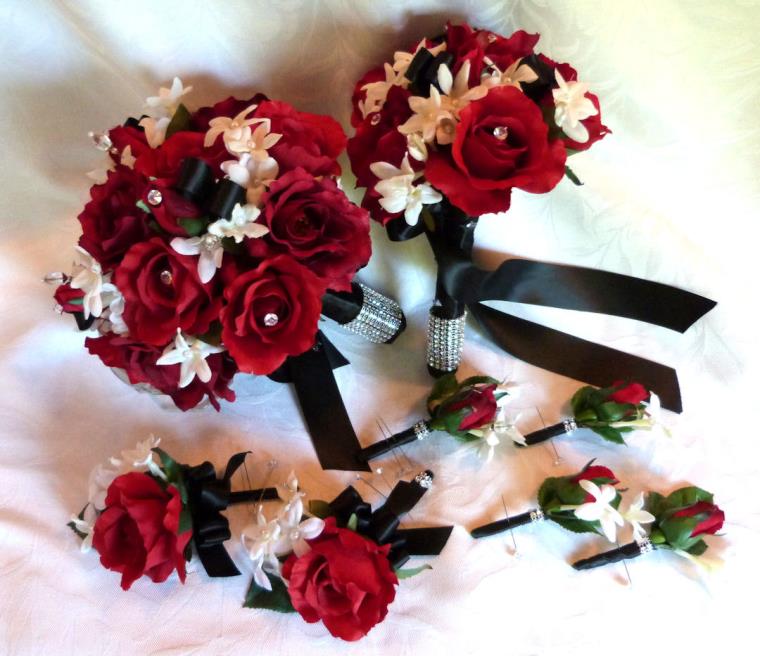 Deco perkahwinan putih dan merah-roses sejambak, boutonnieres,