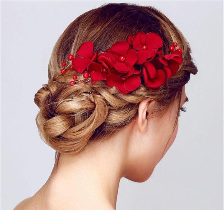 Deco-wedding-vit-och-rött-hair-brud-blommor-bun-tillbehör